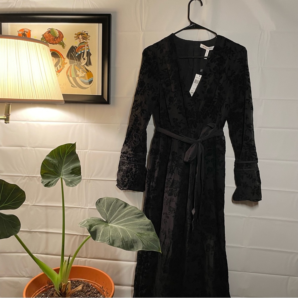 BCBG floor length black dress with slit, size S